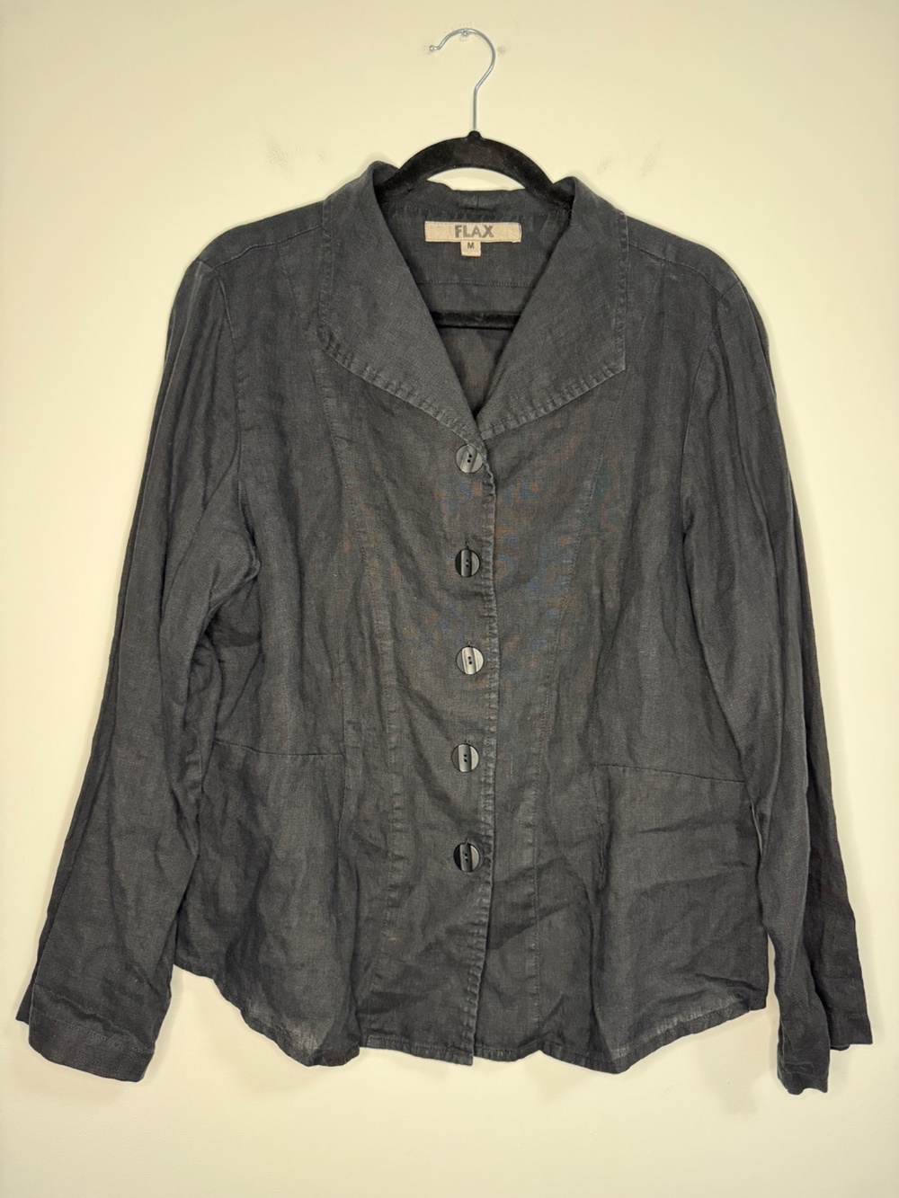 FLAX Linen Notch-Collar Button Up Top Black Medium Womens - Picture 1 of 6